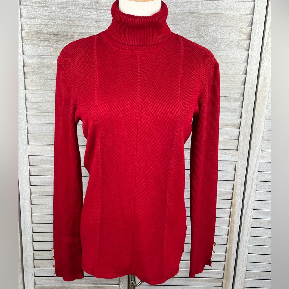TAHARI Lightweight Turtleneck Sweater Stretchy Ribbed Red-Large